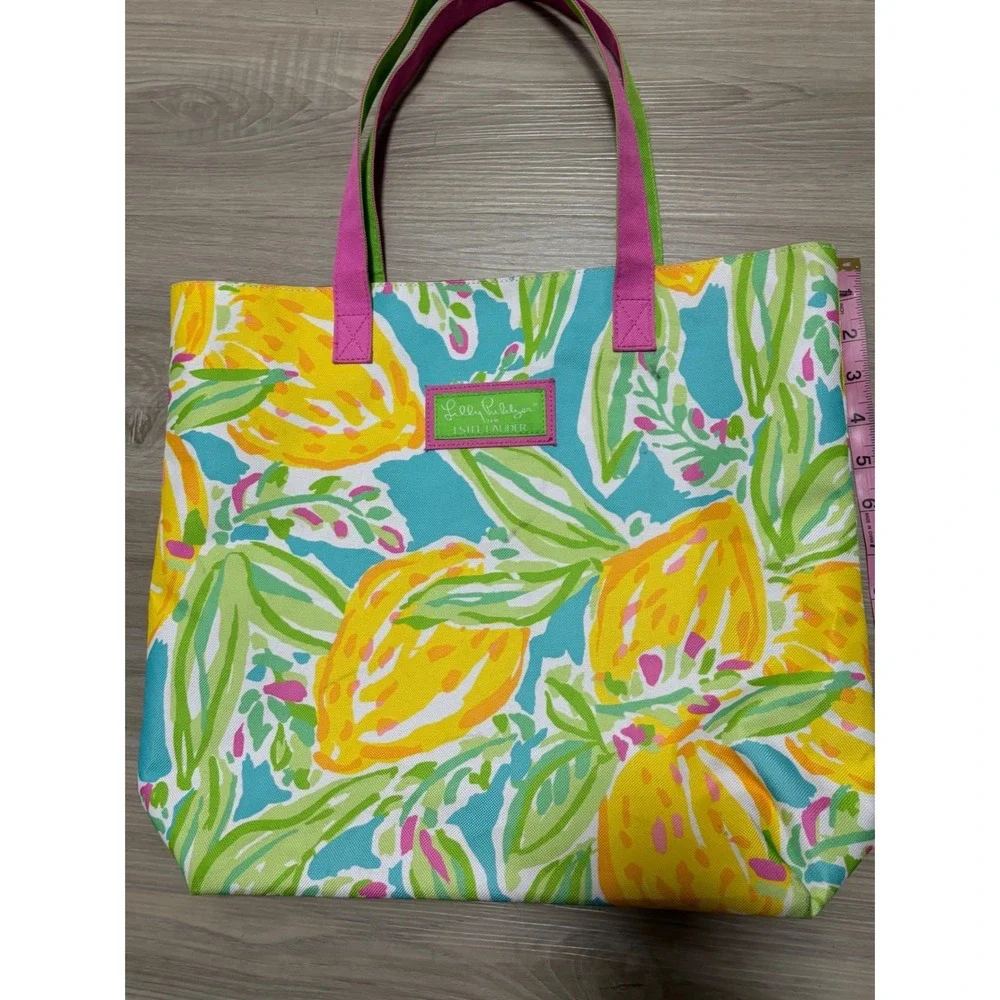 Lilly Pulitzer Estee Lauder Canvas Tote Bag Lemon Print Blue Yellow Pink Floral